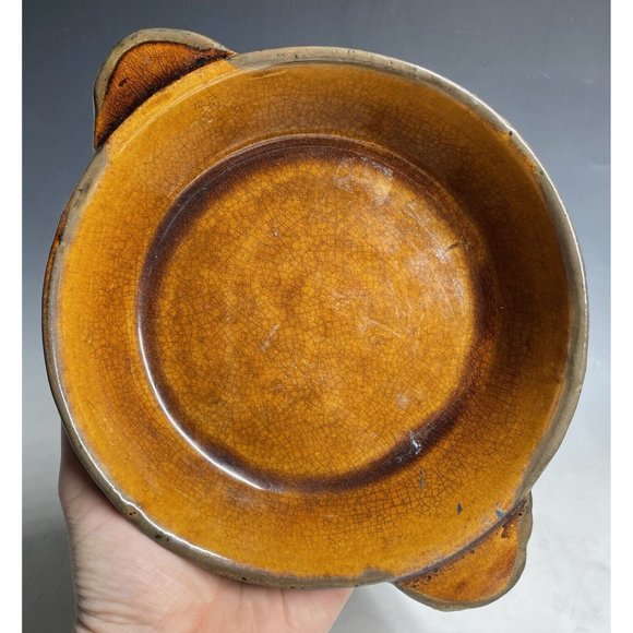 Antique Pottery Yellow Ware Glazed Handled Pie Plate Pan Primitive Glazed Rustic - Picture 3 of 16